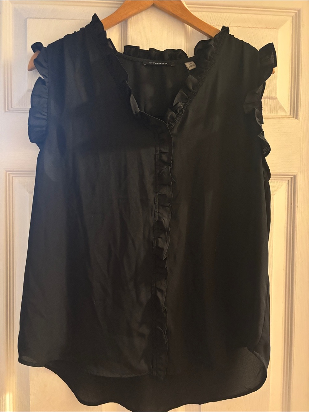 Tahari Bay Black Ruffle Trim Sleeveless Blouse